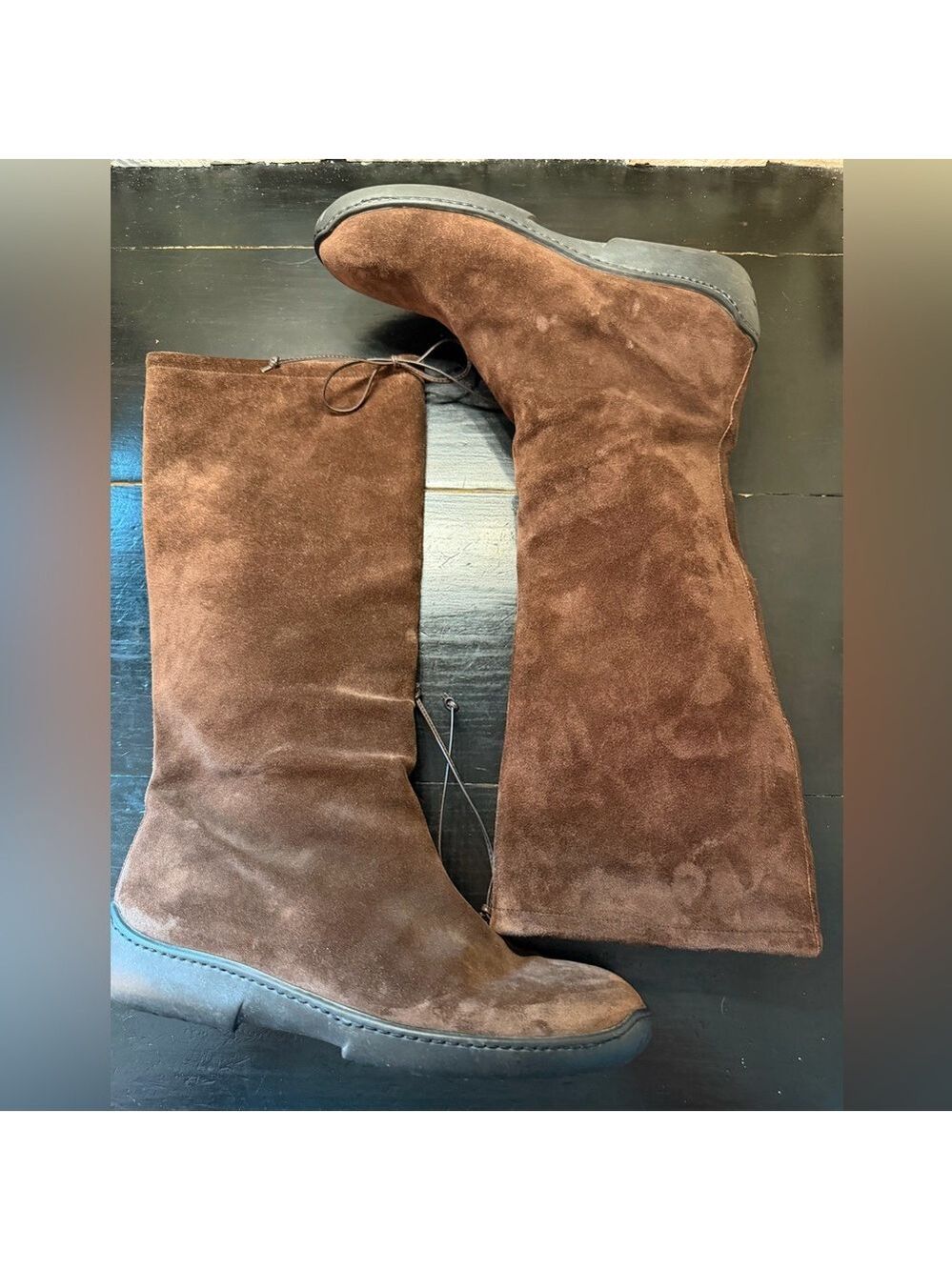 Ralph Lauren Tall Suede Boots Brown Rubber Soles Knee High Leather Tie 8.5 B - Picture 4 of 10